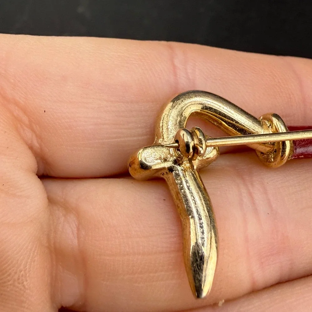 Vintage Brooch Equestrian Hook and Eye Gold Red Enamel  Pin